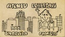 This sticker displays the a sketch of the skyline of Barcelona where the Sagrada Familia is located. The sagrada Familia is the building on the left with the four pointed cones coming out from it. On the left is a house with a smiling face sitting ontop of another building and waving with his right hand. 