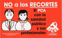 This sticker depicts both a male and female doctor on the left. On the right is the symbol for the Communist Party of Spain. This sticker was released by the Communist Party branch in Asturias.
