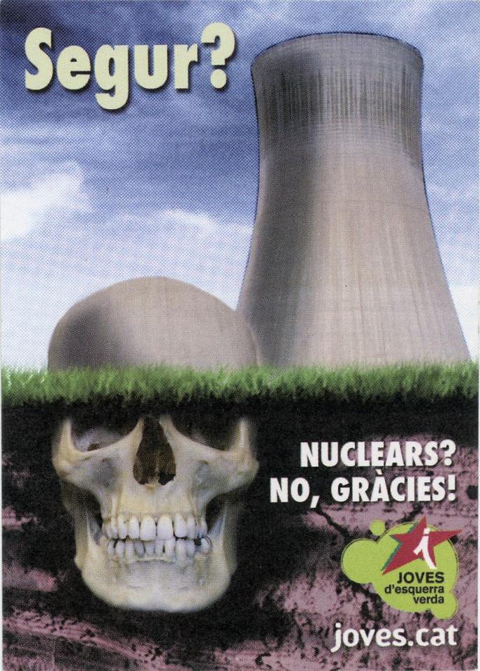 The sticker shows a giant skull that is disguised as part of a nuclear power plant. The image is split into two halves, the top being the above ground view that can easily be recognized as a power plant, and the bottom half being the below ground more abstract view of the reality of nuclear power. It was created by Joves d’esquerra verda, an environmental organization that focuses on the betterment of Cataluña. 