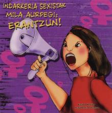 A purple sticker with pink venus symbols. A woman with a loudspeaker is pictured in the middle. 