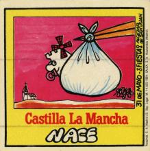 A sticker of a cartoon of a baby castle wrapped in a bag, being dropped off by the beak of a stork in front of a church. 