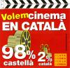 The whole sticker is in the theme of a clapperboard, black and white stripes on top and red on the bottom. There are two film reels, the first one larger representing that 98% of movies in Catalonia are played in the language of Castilian. The second reel is much smaller representing the 2% of movies that are played in their own language, Catalan.  